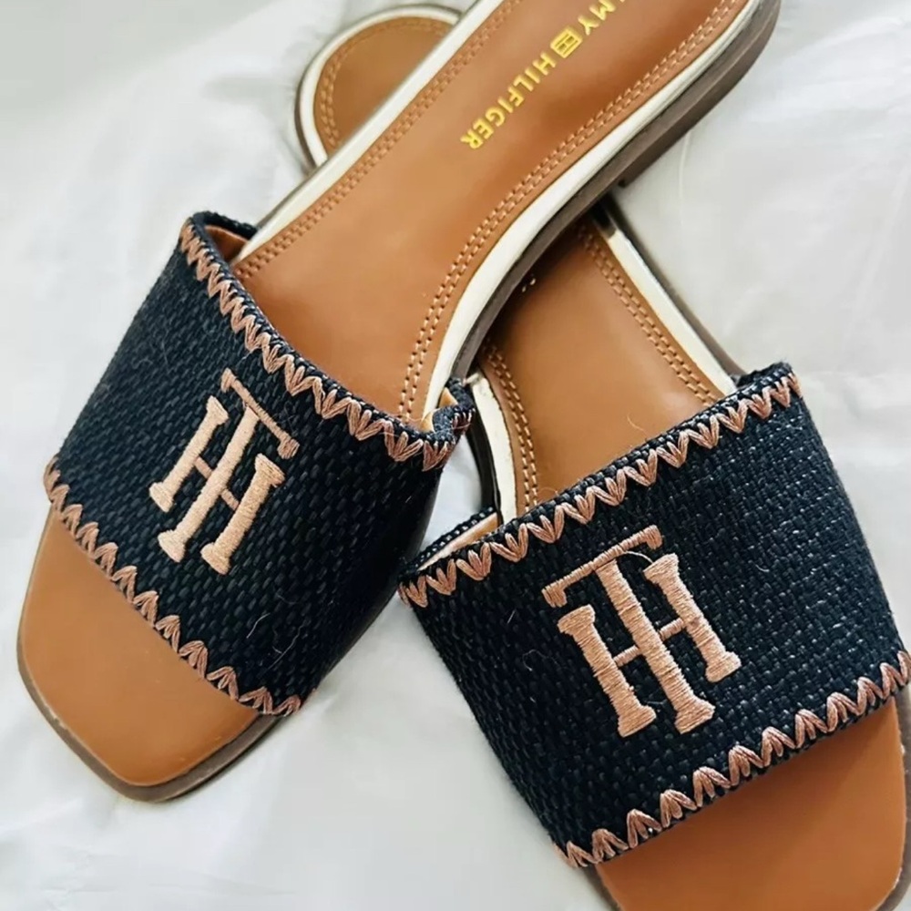 Tommy Hilfiger Blue and Tan Slide Sandals with Monogram